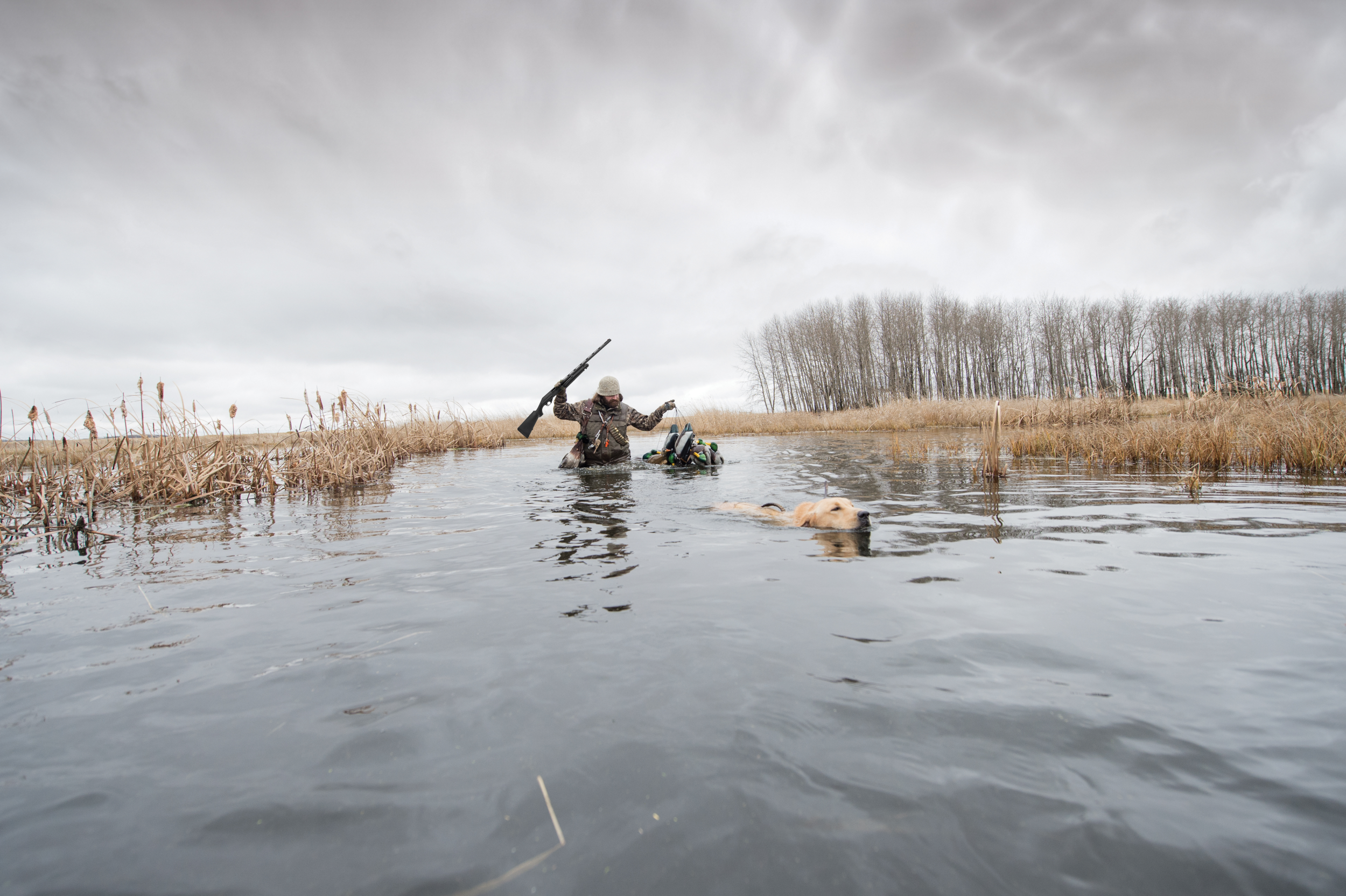 hunter in the Marsh with dog and Nova Pump