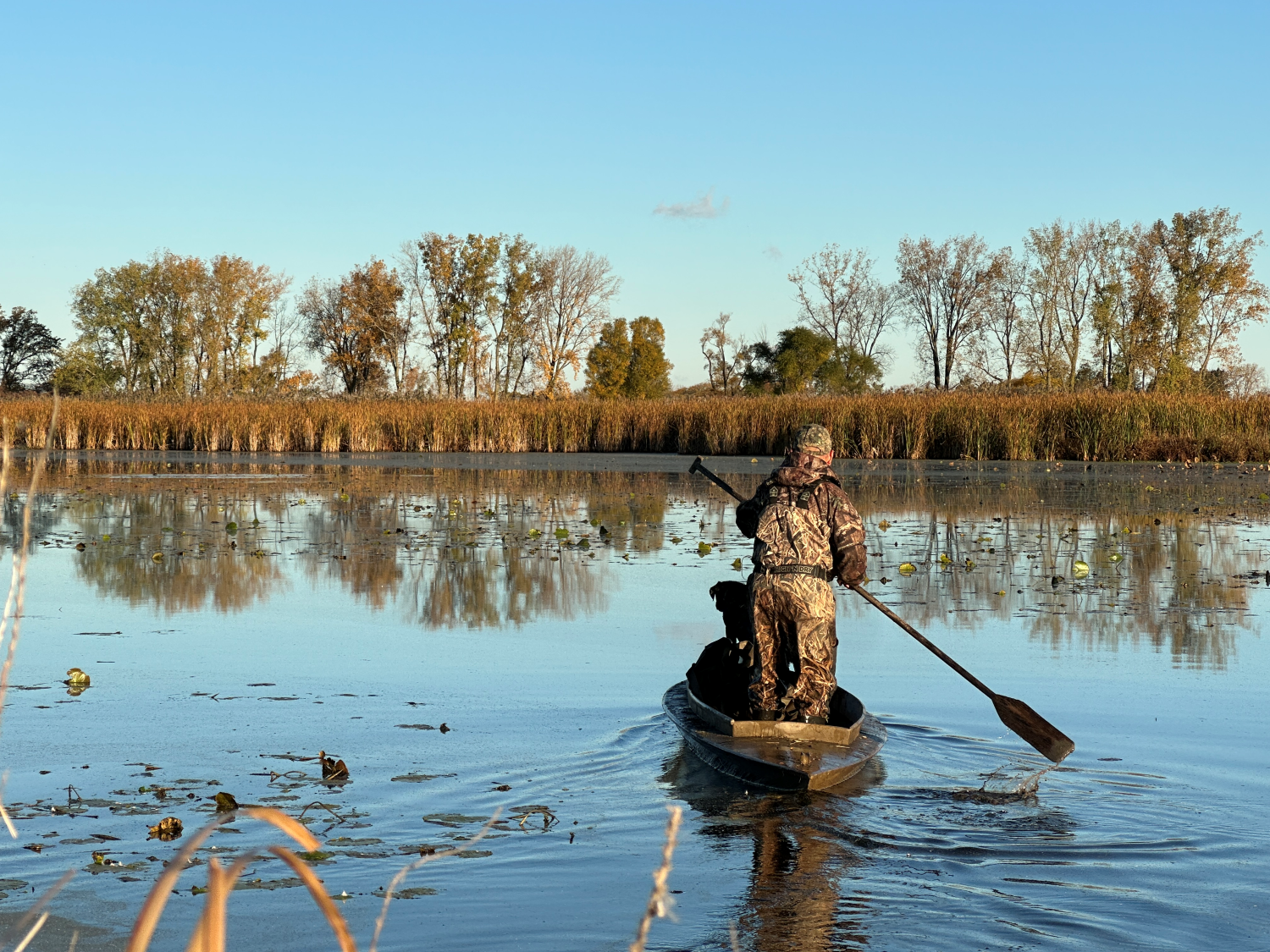 Going after a downed duck in a traditional punt boat at Winous Point