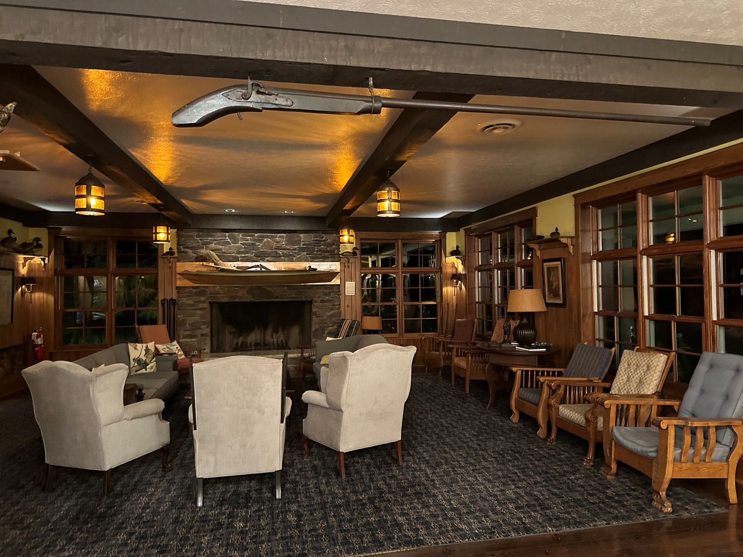 The inviting living room in the main lodge at Winous Point...the oldest continuously operating duck club in the U.S. A