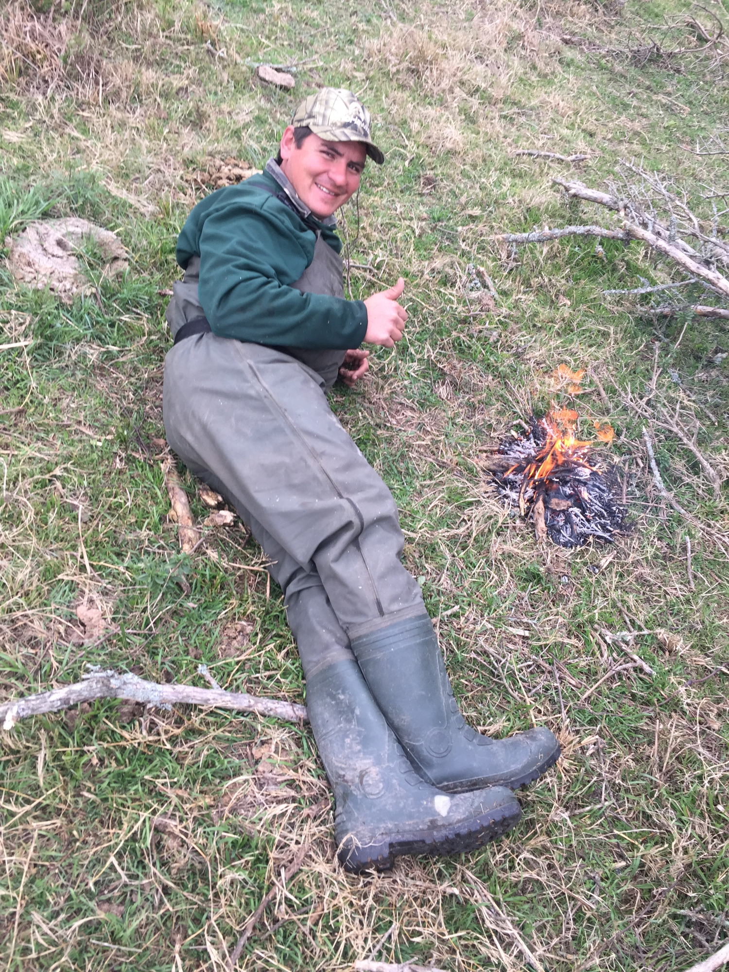 Skip by the fire in a pasture 